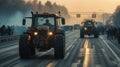 A convoy of tractors with activated lights participating in a rally on a busy urban road.