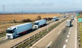 Convoy of White transportation trucks in line on a countryside highway Royalty Free Stock Photo