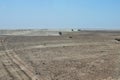 Convoy of 4x4 vehicle drive a dusty desert track in Tunisa