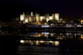 Conwy castle at night, lights and water reflections on Conwy key Royalty Free Stock Photo