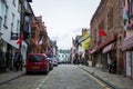 Conwy, Wales; 10/14/2018: Typical stone street in Conwy town with traditional and colorful houses in North Wales