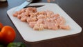 Cook adding spices, salt and pepper on the chicken. Raw chicken is cut into slices