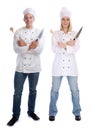 Cook apprentice trainee trainees cooks standing full body cooking with knife job young isolated