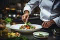 Cook in apron adding some sauce to dish. Cropped chef preparing food, meal, in kitchen, chef cooking, Chef decorating dish,