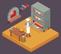 Cook baker cooking bread isometric icon on bakery background flat design vector illustration