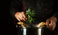 A cook in a black uniform adds parsley to a pan of boiling chicken legs. Preparing a delicious soup or fatty side dish in the