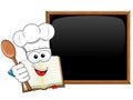 Cook book mascot wooden spoon presenting blank blackboard isolated Royalty Free Stock Photo