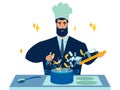 Cook businessman prepares business. recipe from ingredients for income and profits. In minimalist style. Cartoon flat