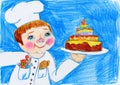 Cook and cake, child drawing on paper, birthday and holiday concept