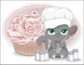 Cook cat with spoon and spices and cupcake