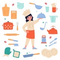 Cook character with professional accessories. Cute girl in uniform with kitchen elements and tableware, female chef