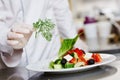 Cook chef hand decorating prepared salad food Royalty Free Stock Photo