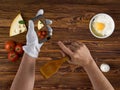 Cook Chef Hands With Smartphone And Ingredients For Food On Vintage Wooden Background Texture