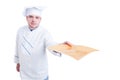 Cook or chef holding and serving an empty plate Royalty Free Stock Photo