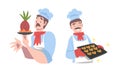 Cook chef with moustaches cooking and baking tasty dishes set cartoon vector illustration