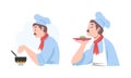 Cook chef with moustaches cooking and tasting dishes set cartoon vector illustration