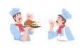 Cook chef with moustaches in uniform cooking dishes and tasting it set cartoon vector illustration