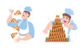 Cook chef with moustaches in uniform cooking pizza and cake set cartoon vector illustration