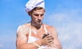 Cook Or Chef With Muscular Shoulders And Chest Covered With Flour. Baker Concept. Chef Cook Preparing Dough For