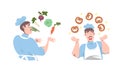 Cook chef in uniform juggling with fresh vegetables and freshly baked pretzels set cartoon vector illustration Royalty Free Stock Photo