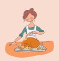 Cook chicken housewife dinner vector illustration doodle