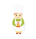 Cook confectioner in uniform holding a cake. Cooking sweets. Dessert recipe. Cute fat chef in a cook hat