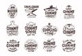 Cook, cooking stamps. Set of vintage retro handmade badges, labels and logo elements, symbols, phrases, slogans for cooking school Royalty Free Stock Photo