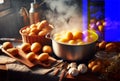 The cook cooks fresh potatoes in a saucepan