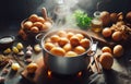 The cook cooks fresh potatoes in a saucepan