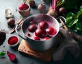 The cook cooks red beets in a saucepan