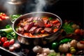 The cook cooks a stew of vegetables and beef in a saucepan. It is very tasty and beautiful