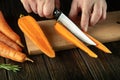 The cook cuts carrots on a cutting board for making delicious borscht at home. Copy space