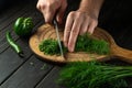 The cook cuts dill with a knife on a cutting board for cooking vegetarian food. Peasant products on the kitchen table Royalty Free Stock Photo