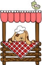 Cook dog on wooden stand for sale and bird