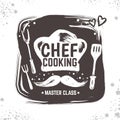 Cook doodle logo. Restaurant sketch poster, food black badge with kitchen tools and elements. Vector typography hand