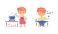 Cook and Eat English action verbs for kids education set. Children doing daily routine activities vector illustration Royalty Free Stock Photo