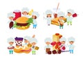 Cook fast food, child make dinner meal at kitchen vector illustration. Cartoon cooking children, restaurant chef kid and