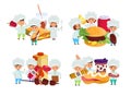 Cook fast food, child make dinner meal at kitchen vector illustration. Cartoon cooking children, restaurant chef kid and