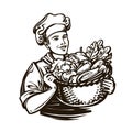 Cook with a full basket of fresh vegetables. Cuisine, cookery, healthy food concept. Vintage sketch, vector illustration