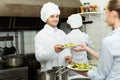 Cook gives to waitress plates Royalty Free Stock Photo