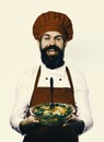 Cook with happy face in burgundy uniform holds baked dish. Man with beard on white background. Chef holds bowl