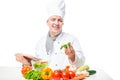 cook happy face at the table with salad and a book of recipes Royalty Free Stock Photo