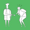 The cook has cooked bad food and the man vomits. Vector illustration Royalty Free Stock Photo