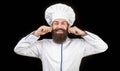 Cook hat. Bearded chef, cooks or baker. Bearded male chefs isolated on black. Funny chef with beard cook. Beard man and Royalty Free Stock Photo