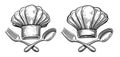 Cook hat with fork and spoon. Chef emblem or badge for restaurant or diner menu. Cooking symbol vector illustration Royalty Free Stock Photo