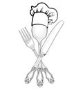 Cook hat over Spoon, Fork, Knife hand drawing sketch label. Cutlery icon collection. Vector Catering outdoor events and Royalty Free Stock Photo