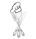 Cook hat over Spoon, Fork, Knife hand drawing sketch label. Royalty Free Stock Photo