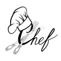 Cook hat wth fork and knife hand drawing sketch label. Cutlery icon Royalty Free Stock Photo