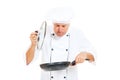 Cook holding frying pan and cover Royalty Free Stock Photo