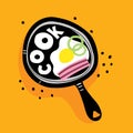Cook. illustration with a frying pan, fried eggs, bacon, onions, decorative elements on a neutral background. Royalty Free Stock Photo